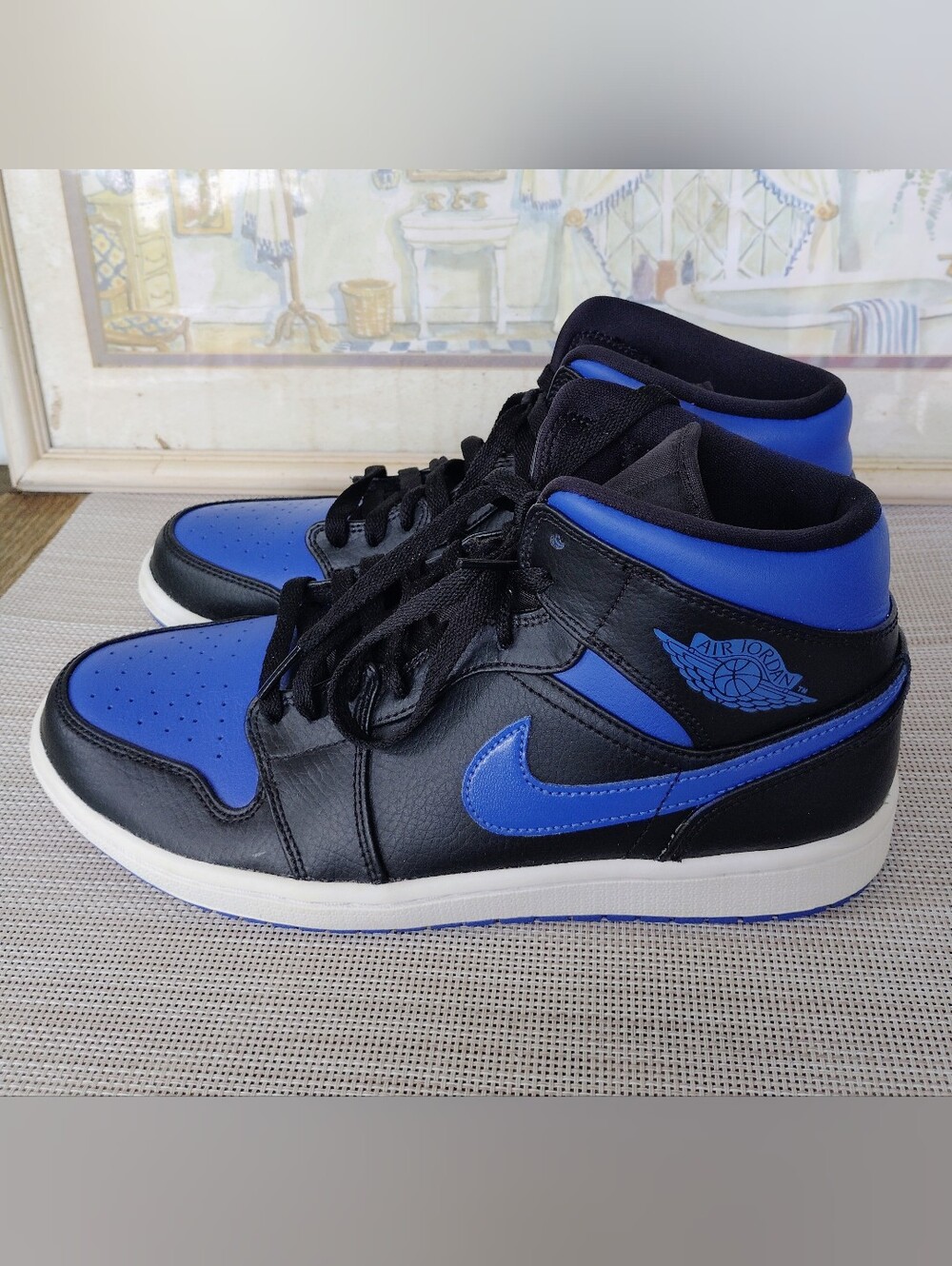 Unisex Nike "Air Jordan 1 Mid" Black Leather/Hyper Royal Sneakers. M 8.5/W 10.